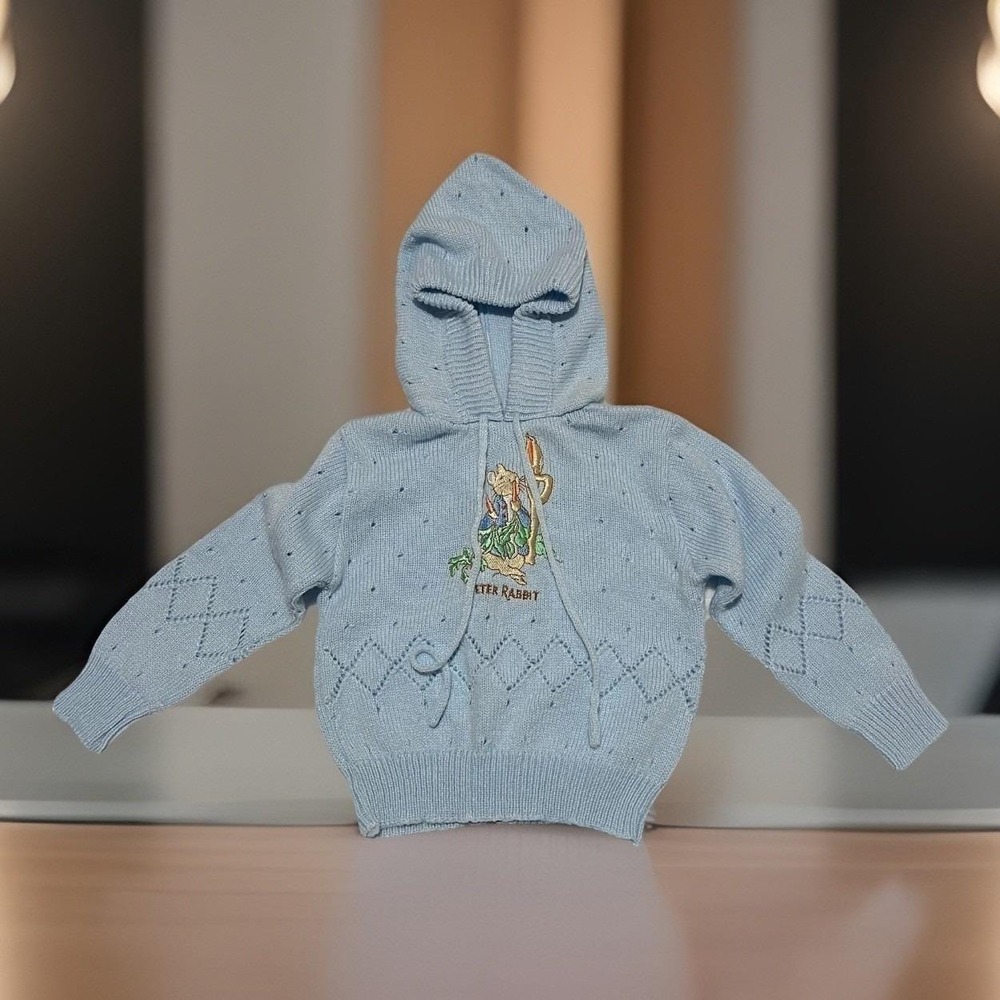 Vintage Beatrix Potter Knit Baby Sweater BLUE 12 Months 12M Quiltex Hooded Zip